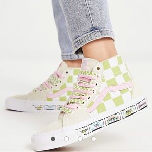 Vans Green and Pink Checkered High-Top Sneakers